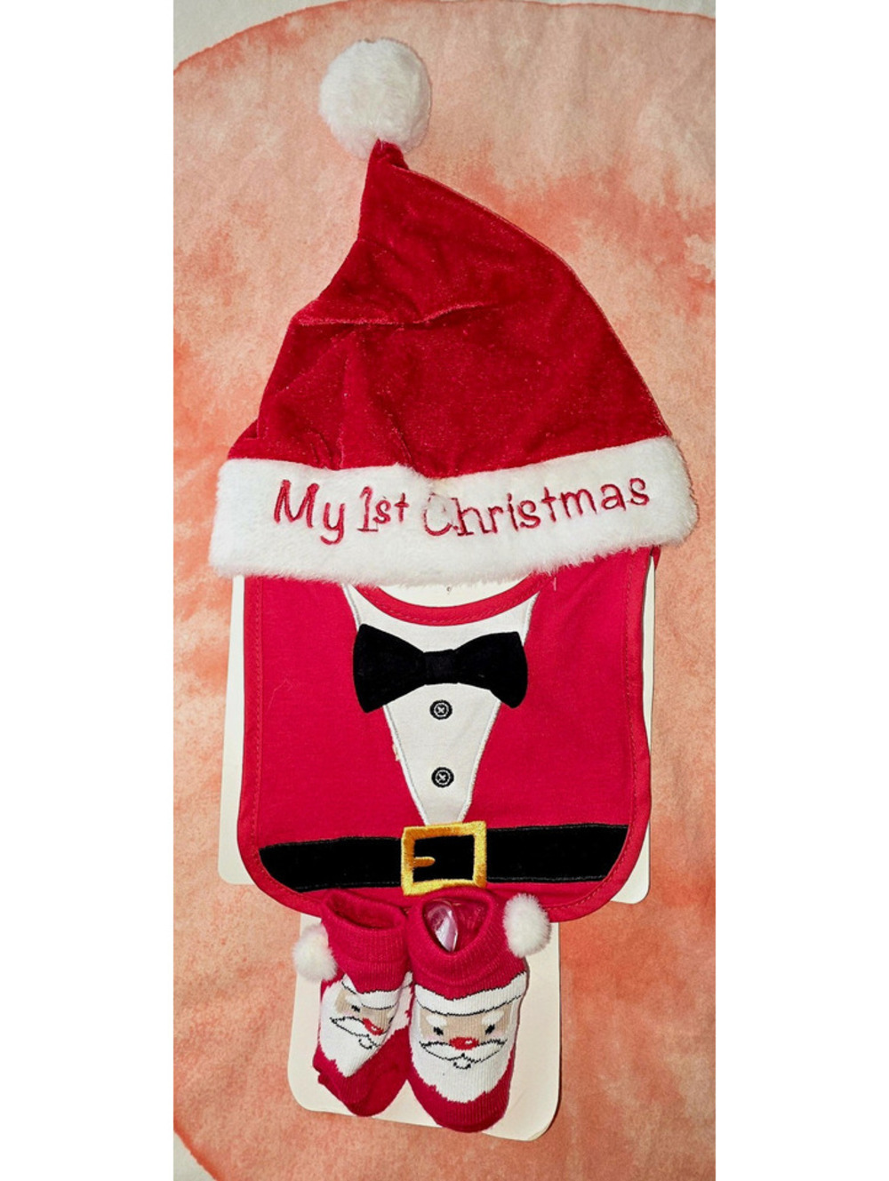 My 1st Christmas Santa 3pc Outfit Set One Size Hat Bib Socks Velour